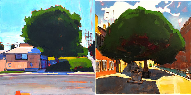 Big Tree Diptych by Kevin Inman. Big Tree, South Park (left), Big Tree Outside the Venice Biennale (right). Each panel 16x16" oil on panel.