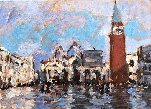 Four Landscape Interventions: Piazza San Marco, Venice, Flooded. 5 x 7" Oil on linen