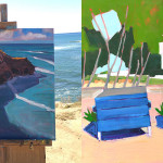 From the Sublime to the Ridiculous Diptych by Kevin Inman. Sunset Cliffs (left), Dumpsters in Sunset Cliffs Parking Lot (right). Each panel 16x16" oil on panel.